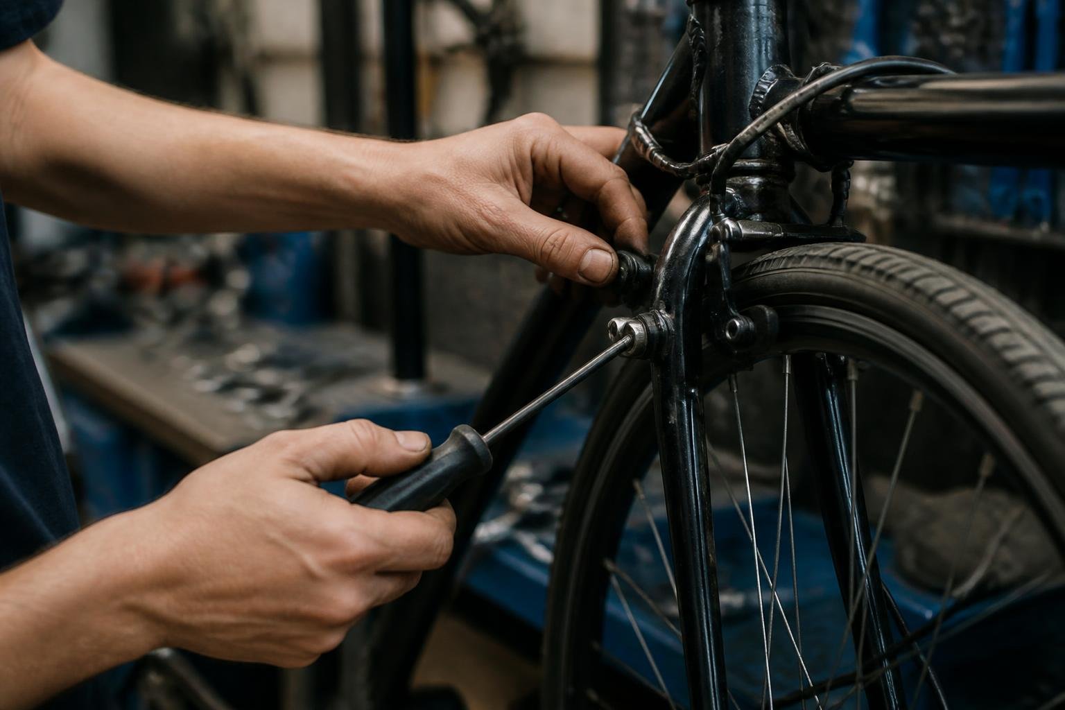 Mains d'un mécanicien ajustant les freins d'un vélo avec des outils
