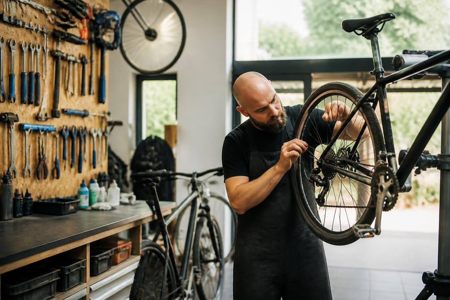Atelier de réparation de vélos avec un mécanicien travaillant sur un vélo, outils rangés, lumière naturelle