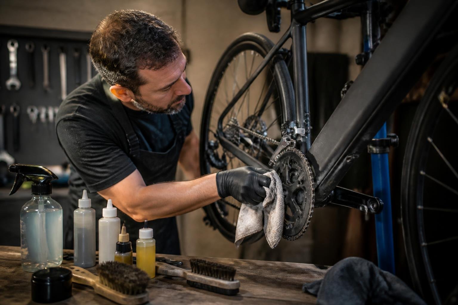 Vélo en cours d'entretien avec produits de nettoyage et lubrifiants sur l'établi