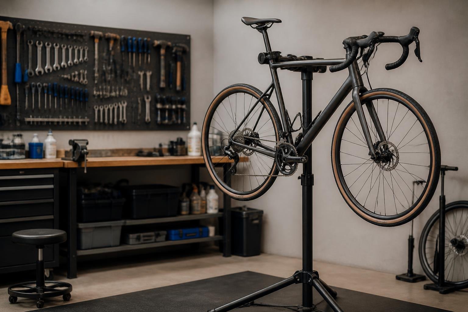 Vélo sur un pied d'atelier avec outils de maintenance visibles