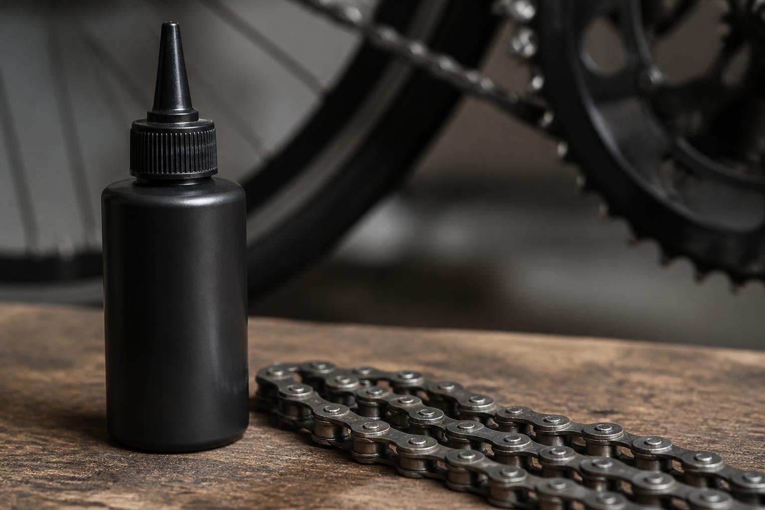 Flacon de lubrifiant spécialisé pour chaîne de vélo à côté d'une chaîne