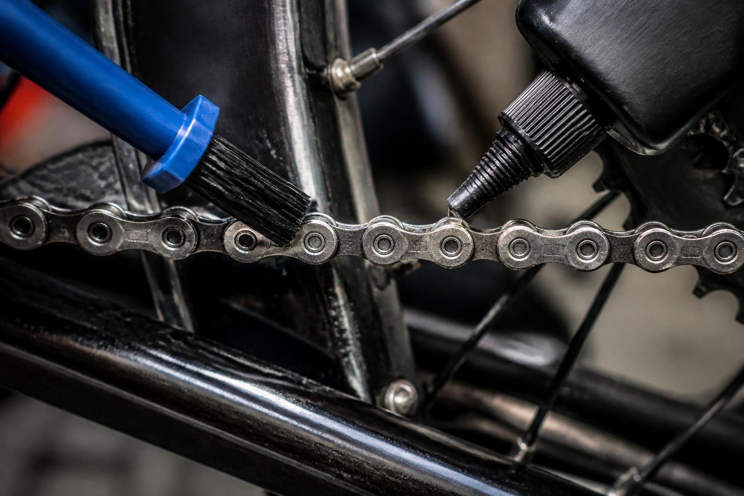 Chaîne de vélo nettoyée et graissée avec soin, gros plan sur le travail de maintenance