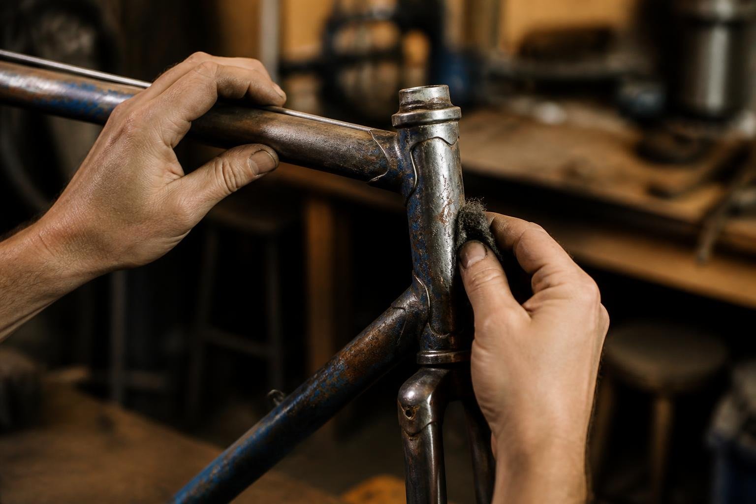 Restauration d'un cadre de vélo ancien dans l'atelier, travail méticuleux sur les pièces métalliques