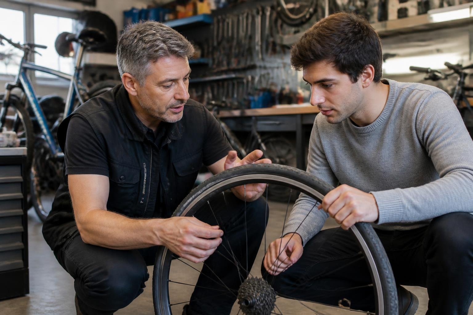 Conseiller expliquant une réparation à un cycliste, moment de transmission du savoir-faire