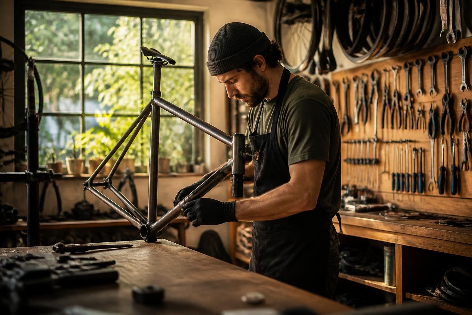 Atelier de réparation de vélos avec un mécanicien travaillant sur un cadre, lumière naturelle chaleureuse