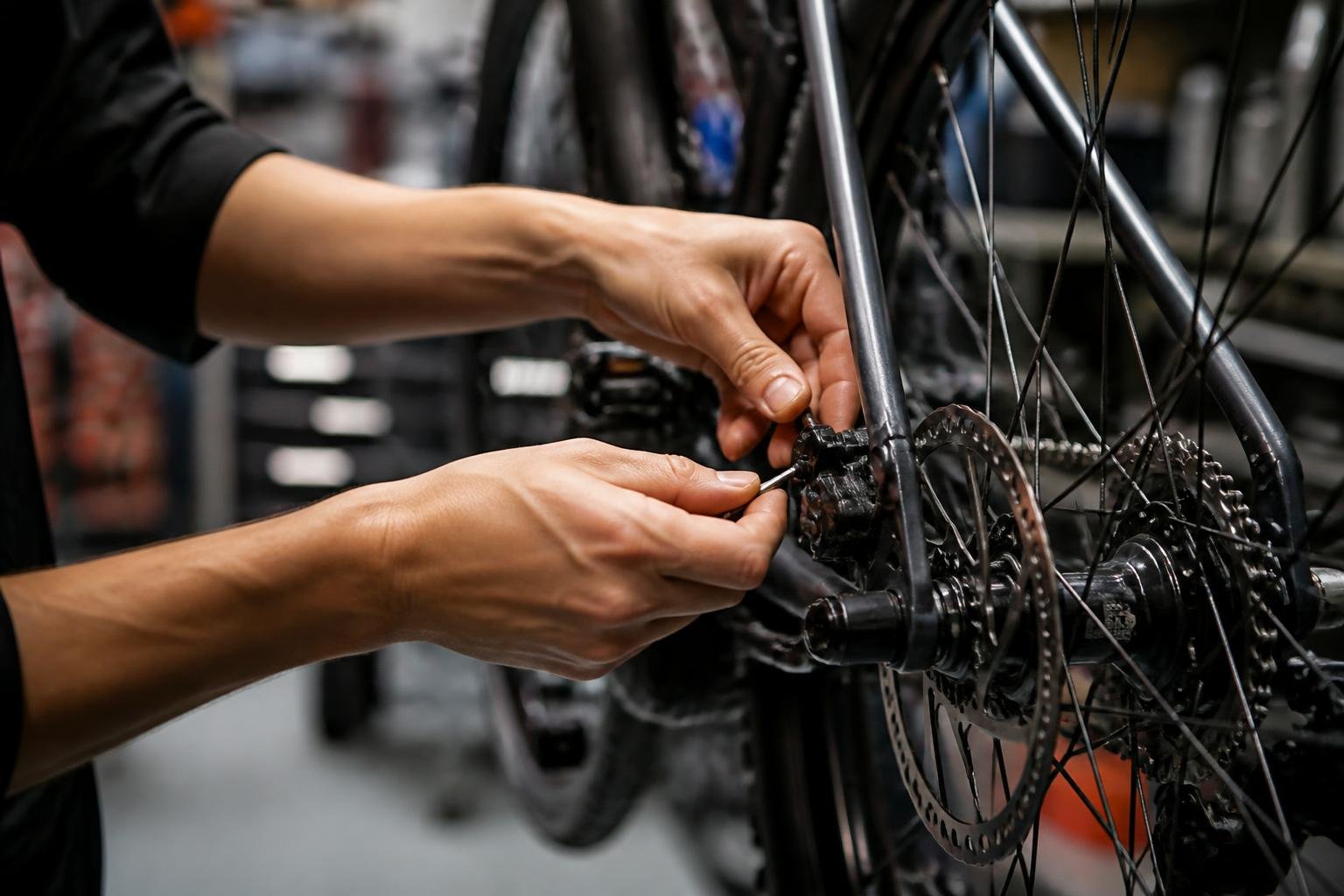 Mains ajustant précisément les freins et vitesses d'un vélo, travail de détail en atelier