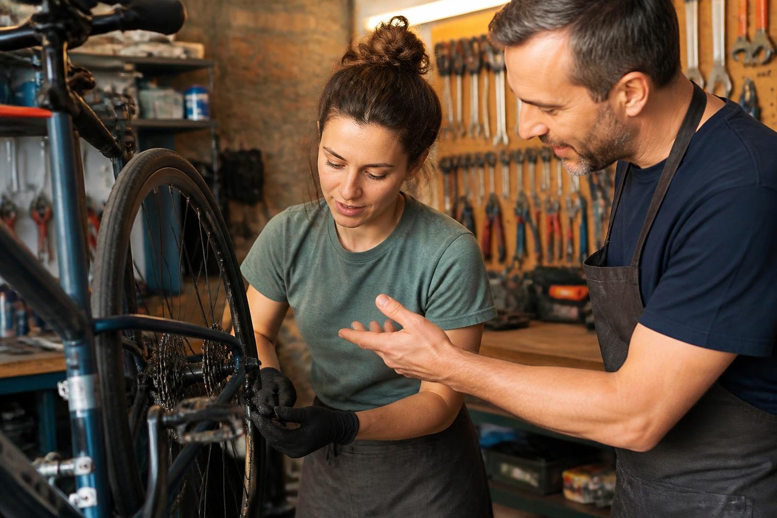 Cycliste apprenant l'entretien de son vélo avec un mécanicien bienveillant en atelier